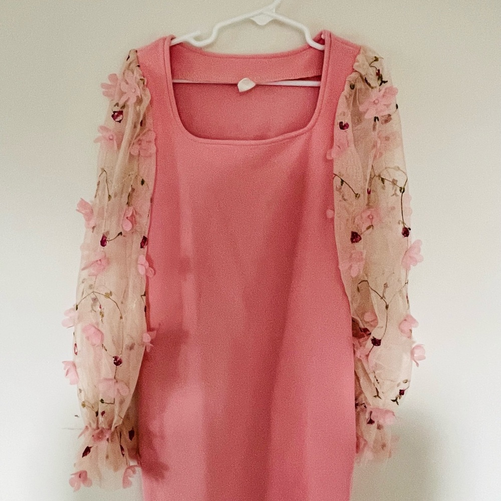 Pink Dress with Floral Sheer Sleeves